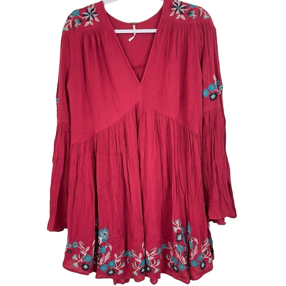 Free People Babydoll Mini Dress Sz XS Red Embroidered Bell Sleeves Whimsy Boho